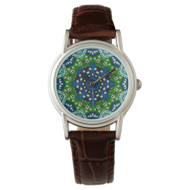 Mandala Retro Mosaic Green Blue Pattern  Watch (Front)