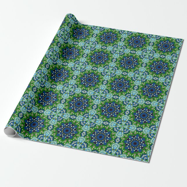 Mandala Retro Mosaic Green Blue Pattern Wrapping Paper (Unrolled)