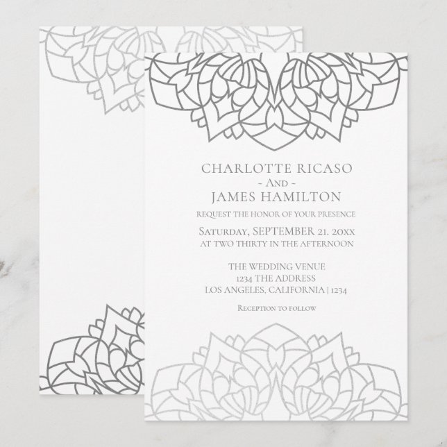 Mandala Silver Grey Pattern Personalised Wedding Invitation (Front/Back)