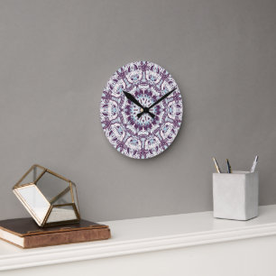 Mandala Spiritual Kaleidoscope Blue Purple White. Round Clock