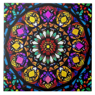 Mandala Stained Glass Floral Artwork Ceramic Tile
