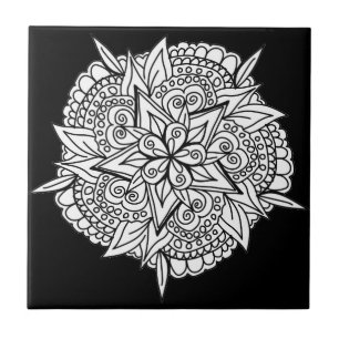 Mandala Star Flower Black and White Ceramic Tile