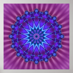 Mandala star in blue   magenta flower poster