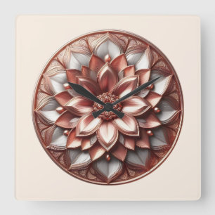 mandala style ornament, soft red square wall clock