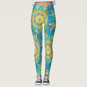 Mandala Sun Goddess, Reds Yellows on Aqua Leggings