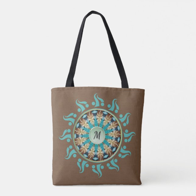 Mandala Sun Turquoise, brown, blue and Tan Tote Bag (Back)