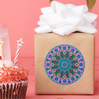 Mandala TealRose 12 Petals Pink Orange Teal  Classic Round Sticker