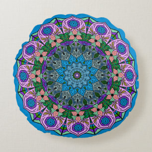 Mandala TealRose 12 Petals Pink Orange Teal Round Cushion