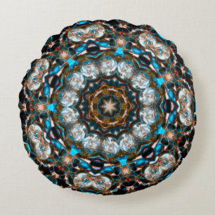 Mandala that looks like a crater in bright colours round cushion