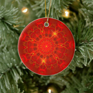 Mandala Thin Lines Warm Colors Red Background Ceramic Ornament