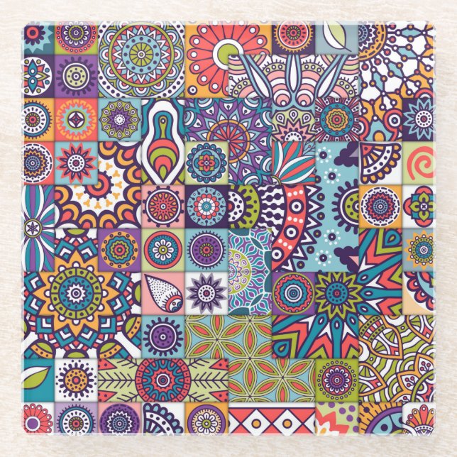 Mandala Tile Pattern Glass Coaster (Front)