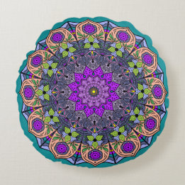 Mandala Violet Peach Salmon Pink Green Round Cushion