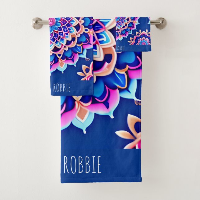 Mandala Violet Pink Geometric Pattern Bath Towel Set (Insitu)