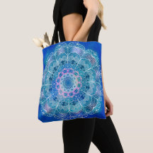 Mandala White Outline 12 on Blue Teal -