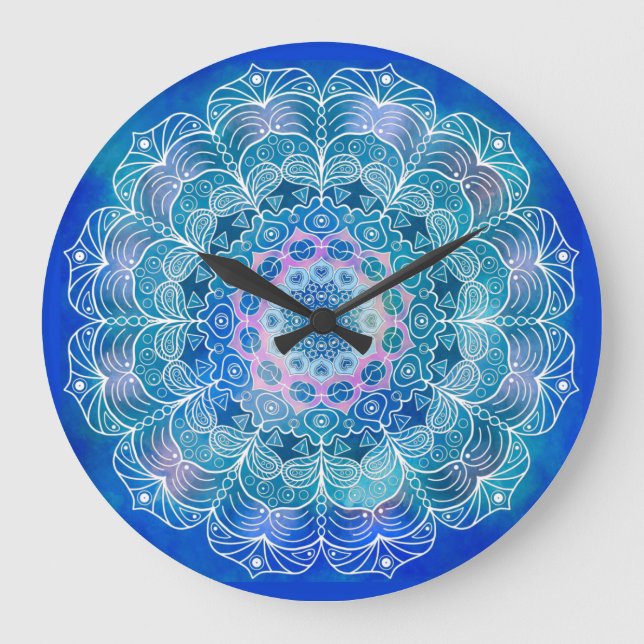 Mandala White Outline blue Watercolor -  Large Clock (Front)