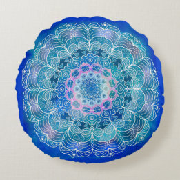 Mandala White Outline blue Watercolor - Round Cushion