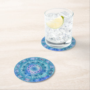Mandala White Outline blue Watercolor -  Round Paper Coaster