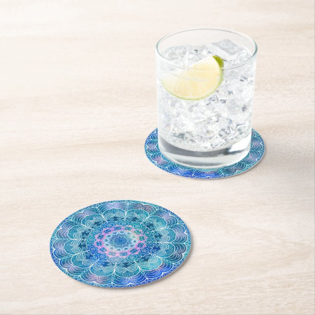 Mandala White Outline blue Watercolor -  Round Paper Coaster (Insitu)
