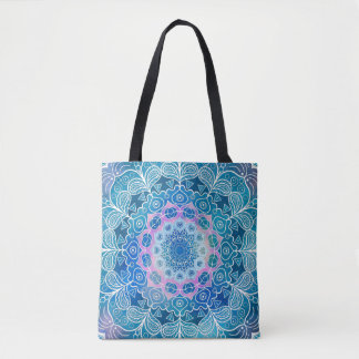 Mandala White Outline blue Watercolor - Tote Bag