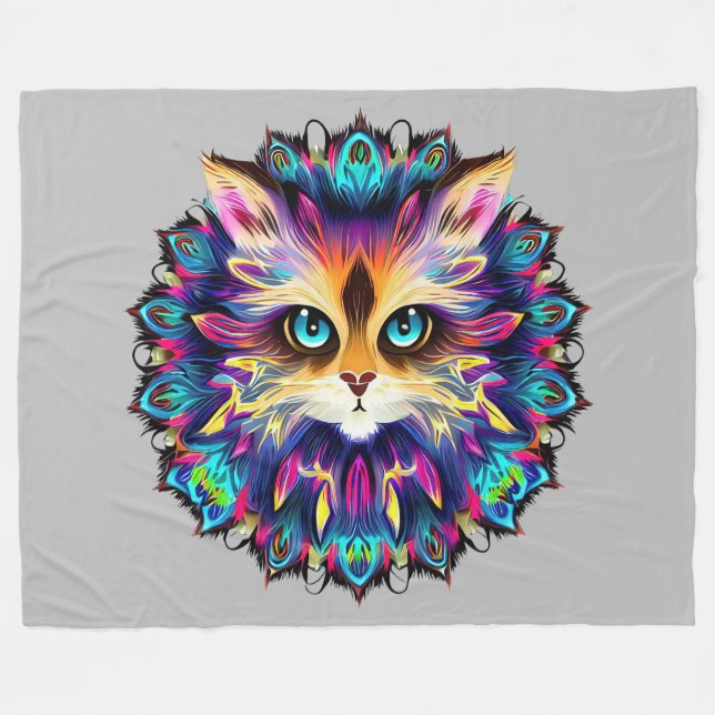 Mandala with cute furry Cat portrait  Fleece Blanket (Front (Horizontal))