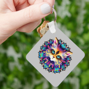 Mandala with cute furry Cat portrait  Key Ring