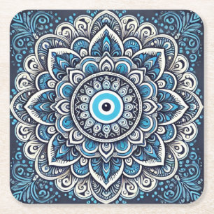 Mandala with evil eye square paper coaster