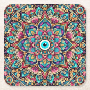 Mandala with evil eye square paper coaster