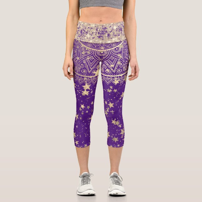  Mandala with Gold Stars Glitter Purple Capri Leggings (Front)