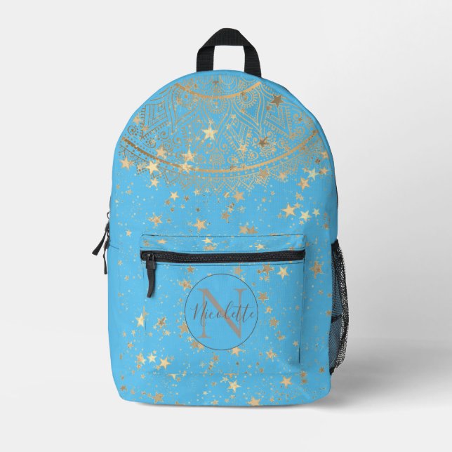  Mandala with Gold Stars on Turquoise Personalised Printed Backpack (Front)