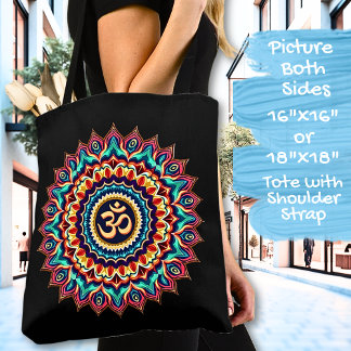 Mandala with OM symbol on a Black  Tote Bag
