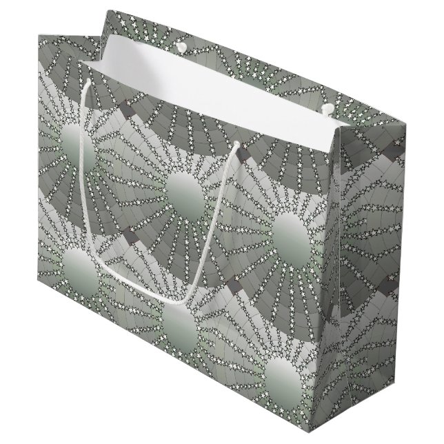 Mandala with Stars - silver grey satin gradient Large Gift Bag (Front Angled)