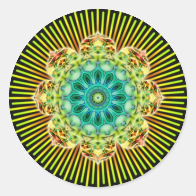Mandala yellow green | black classic round sticker (Front)