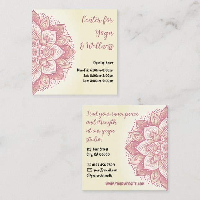 Mandala Yoga Studio Light Yellow Pastel Pink Rose Square Business Card (Front/Back)