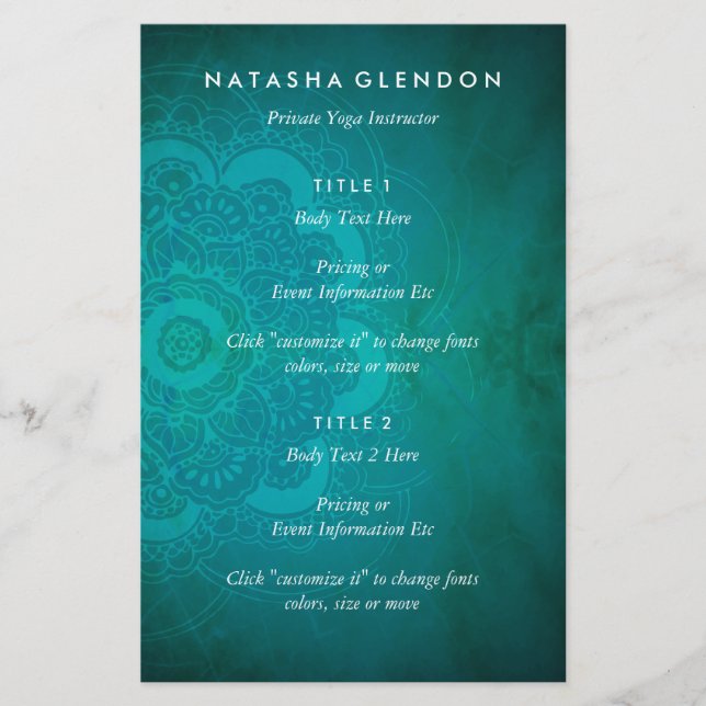 Mandala Zen Teal Turquoise Blue Yoga Flyer (Front)