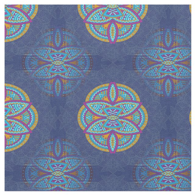 Mandalas in mixed Blue repeat patterns Fabric (Close Up)