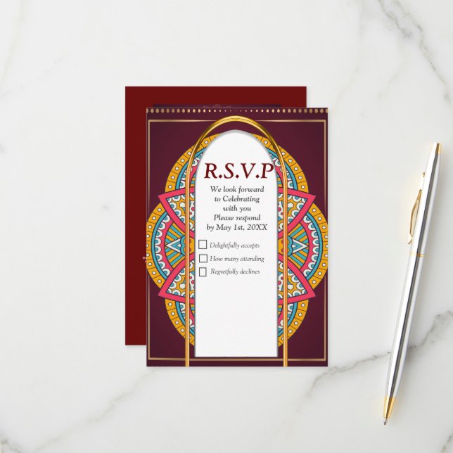 Mandalas in Mixed Maroons - Red & Repeat patterns RSVP Card (Front/Back In Situ)