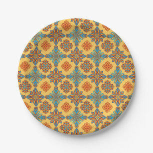 Mandalas on amber yellow paper plate