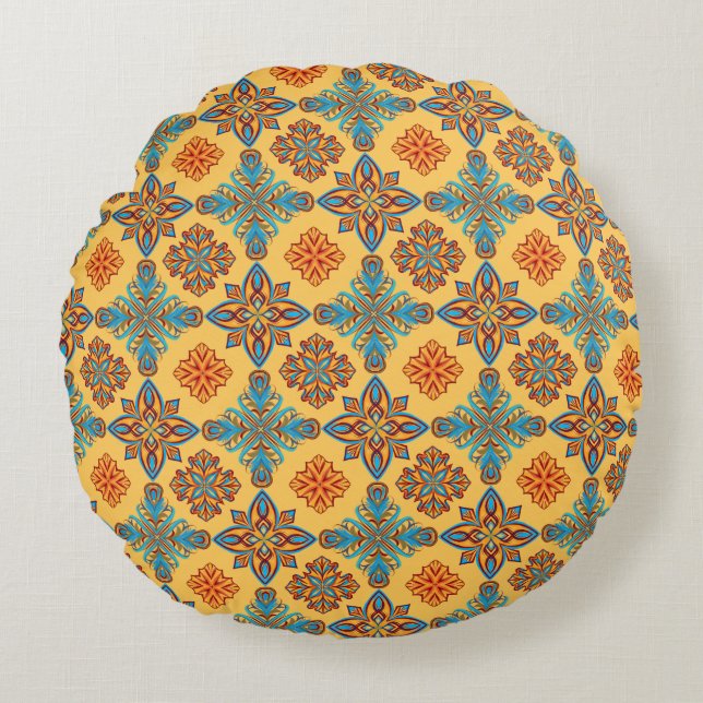 Mandalas on amber yellow round cushion (Front)