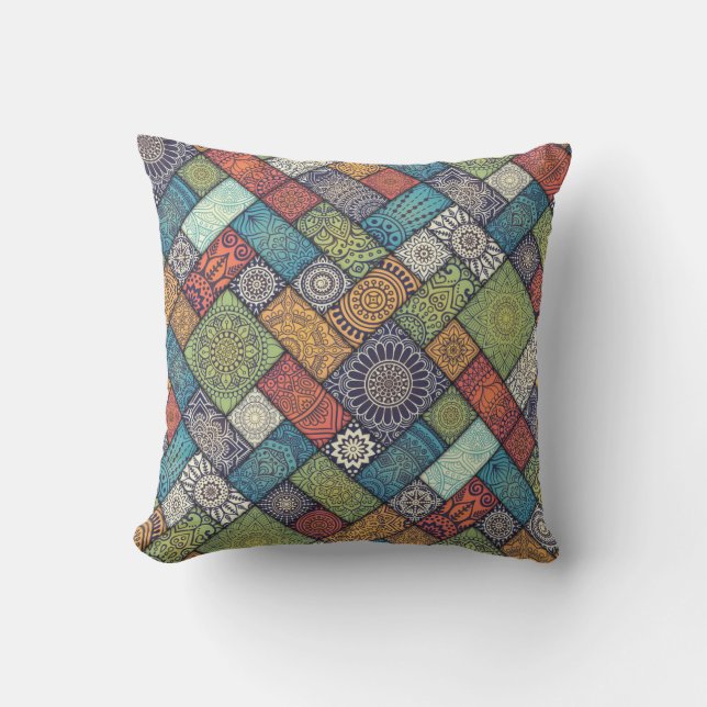 Mandalas squares rectangles muted colours pattern cushion (Front)