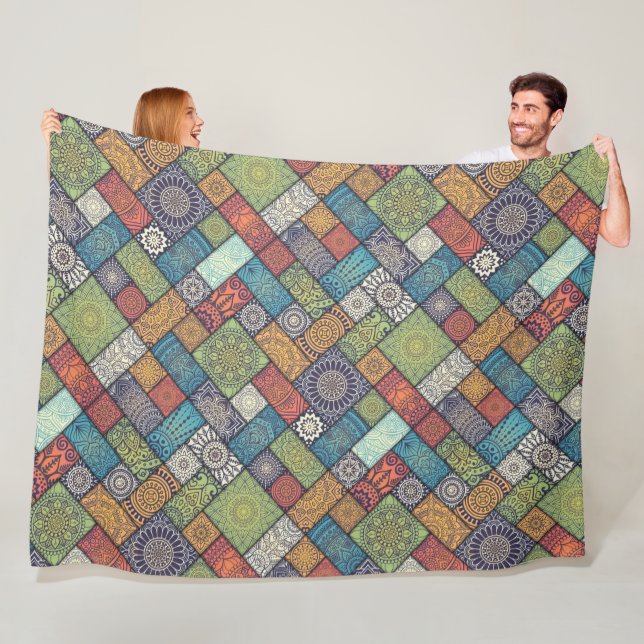 Mandalas squares rectangles muted colours pattern fleece blanket (In Situ)