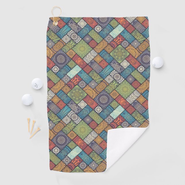 Mandalas squares rectangles muted colours pattern golf towel (InSitu)