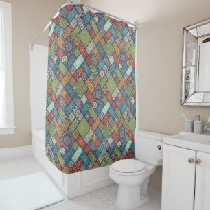 Mandalas squares rectangles muted colours pattern shower curtain