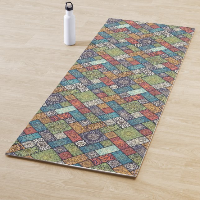 Mandalas squares rectangles muted colours pattern yoga mat (In Situ)