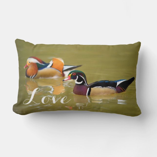 Mandarin Duck Couple / Love Birds Custom Wedding Lumbar Cushion (Front)