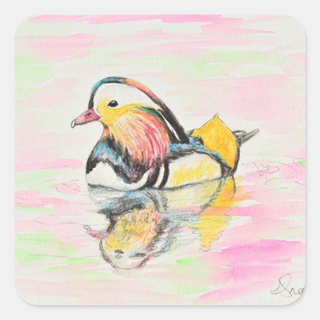 Mandarin Duck Ink and Watercolour Painting Square Sticker (Front)