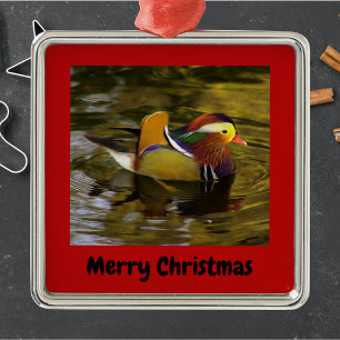 Mandarin Duck Merry Christmas Red Framed Metal Ornament