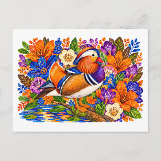 Mandarin Duck Pond Colourful Lily Flowers Watercol Postcard