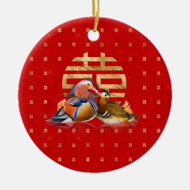 Mandarin Ducks and Double Happiness on red Ceramic Ornament (Front)
