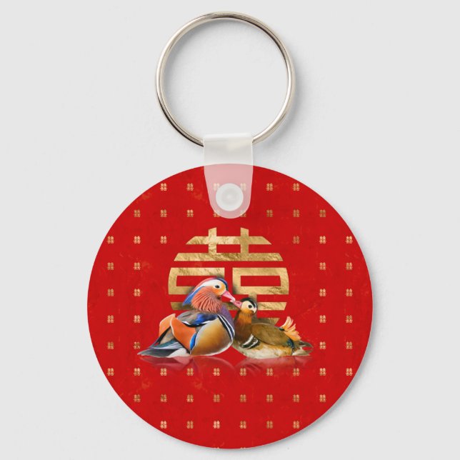 Mandarin Ducks and Double Happiness on red Key Ring (Front)