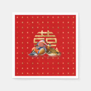 Mandarin Ducks and Double Happiness on red Napkin